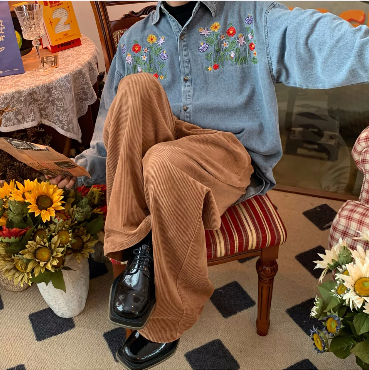 Oversized floral denim shirt