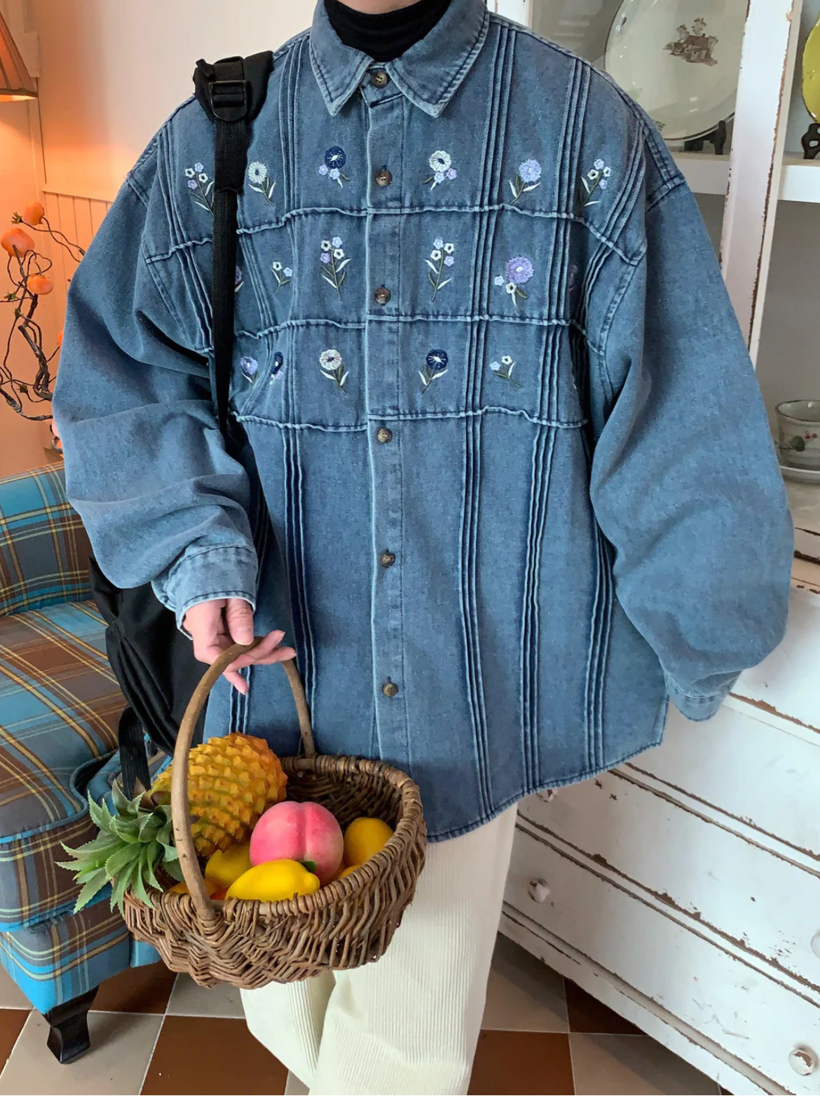 Mini Floral Button Down Denim Jacket