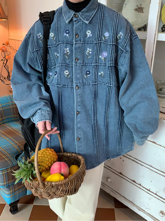 Mini Floral Button Down Denim Jacket