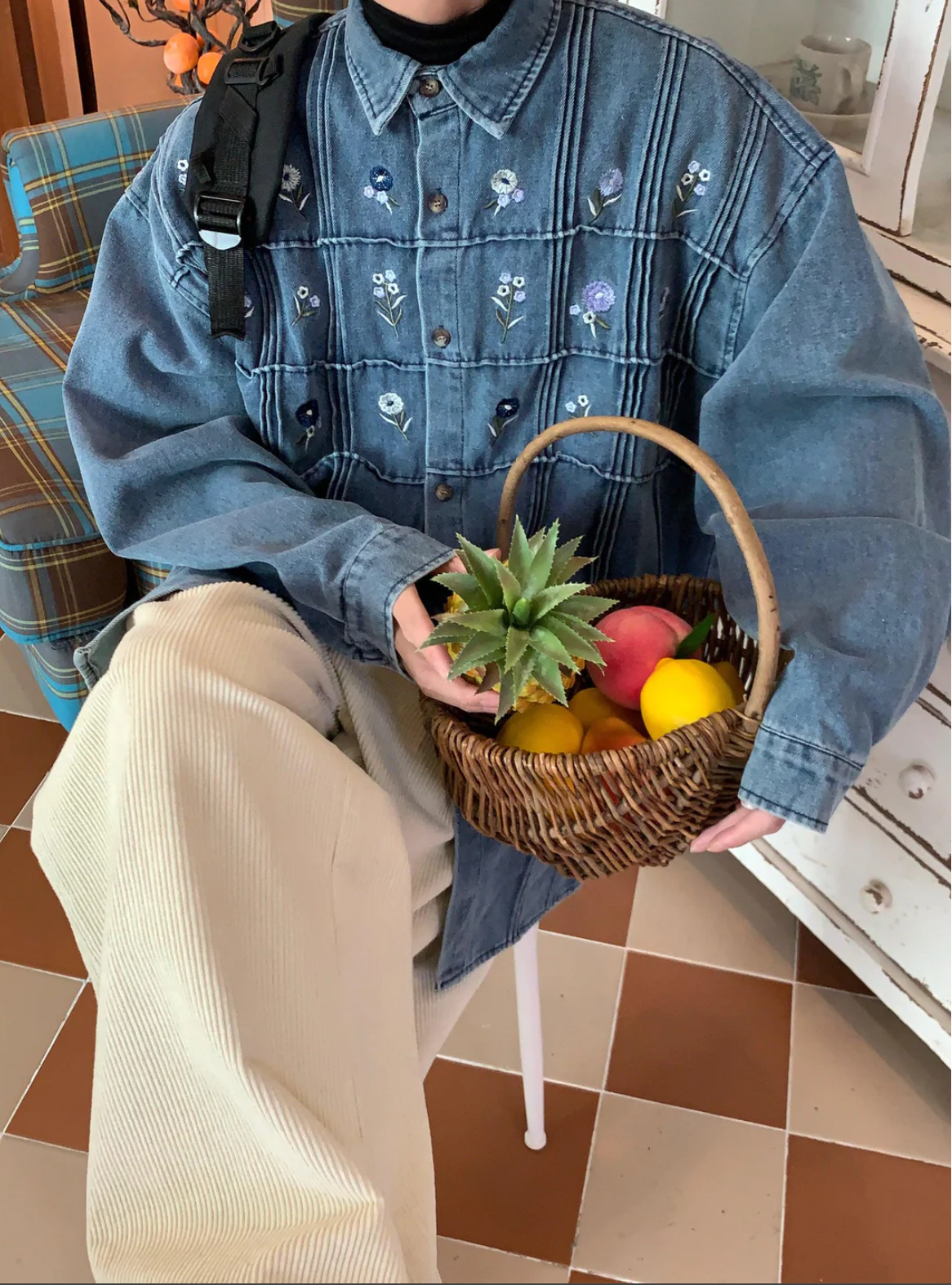 Mini Floral Button Down Denim Jacket