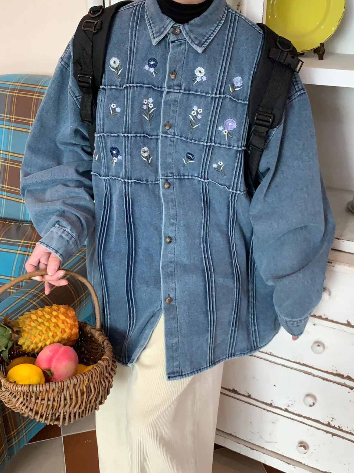 Mini Floral Button Down Denim Jacket